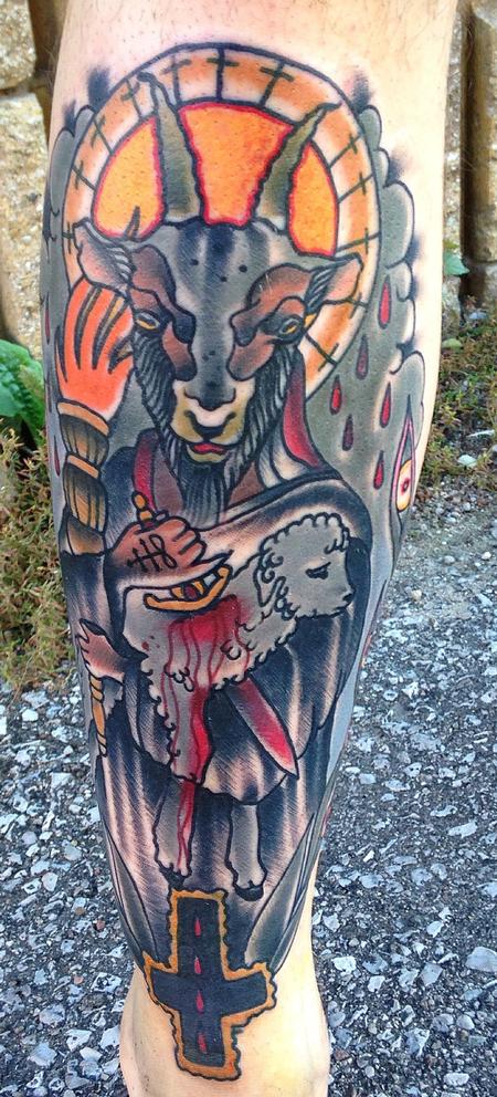 Gary Dunn - Traditional color goat killing a sheep tattoo, Gary Dunn Art Junkies tattoo